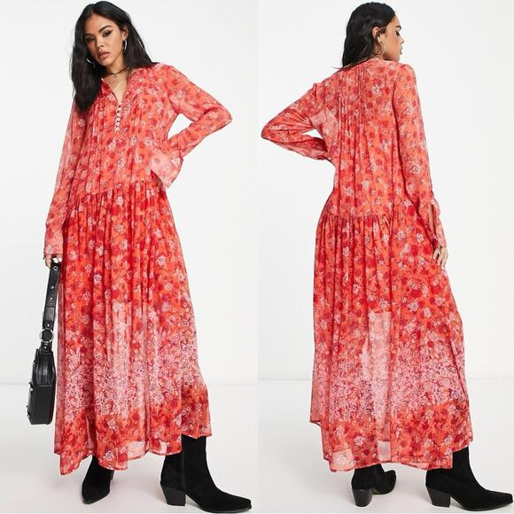 Free People See It Through Maxi Dress in Red Floral Size Large Bohemian - Picture 5 of 15